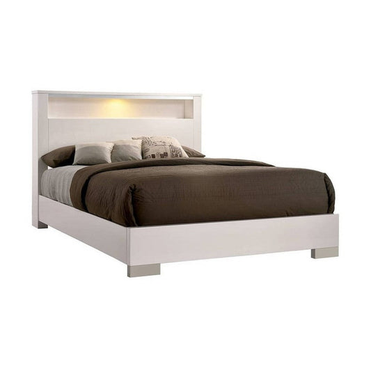 Queen Size Bed with Open shelf, White