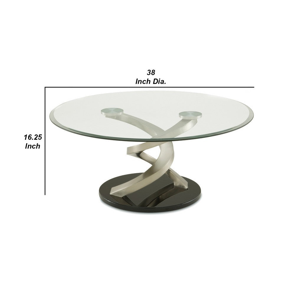 Coffee Table with Twisted Metal Base and Round Glass Top Silver and Black By Casagear Home BM207892