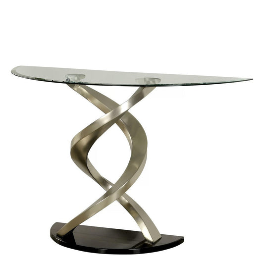 Sofa Table with Twisted Metal Base and Semi Circular Glass Top, Silver By Casagear Home