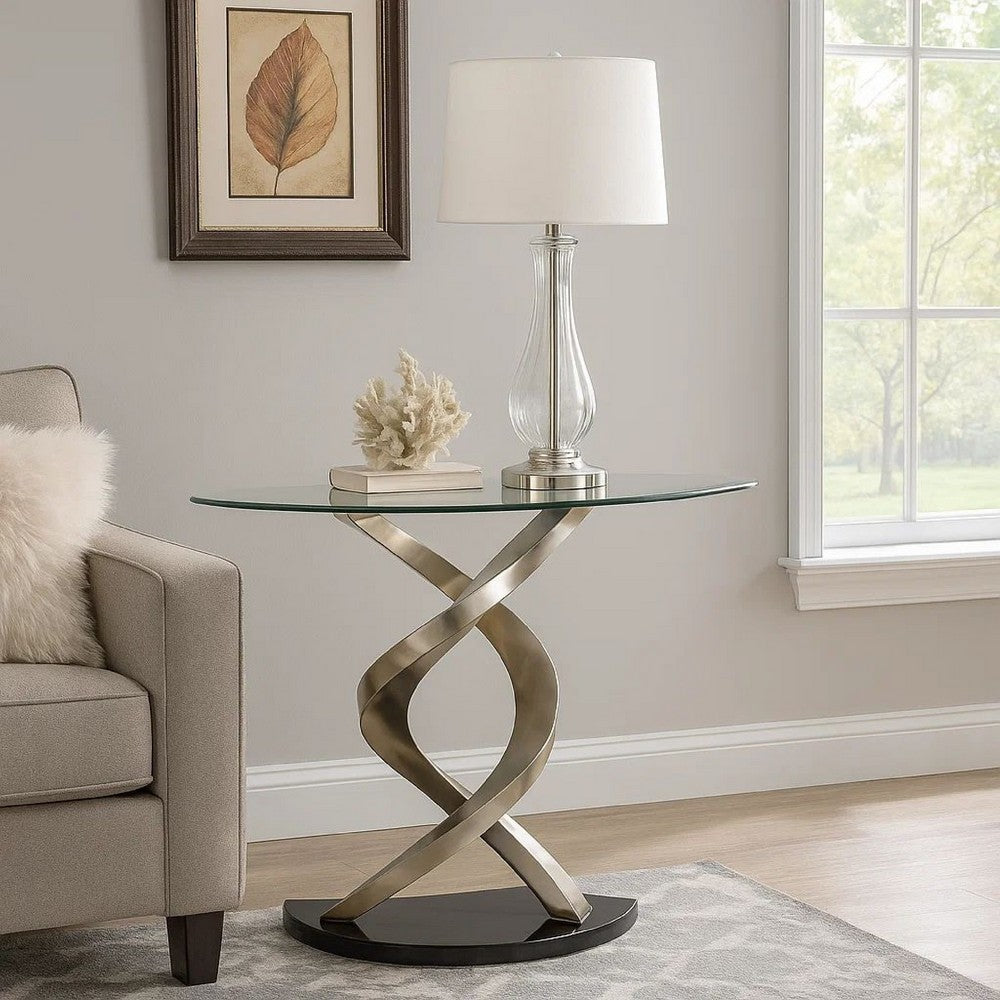 Sofa Table | Twisted Metal Base | Semi Circular Glass Top | Silver