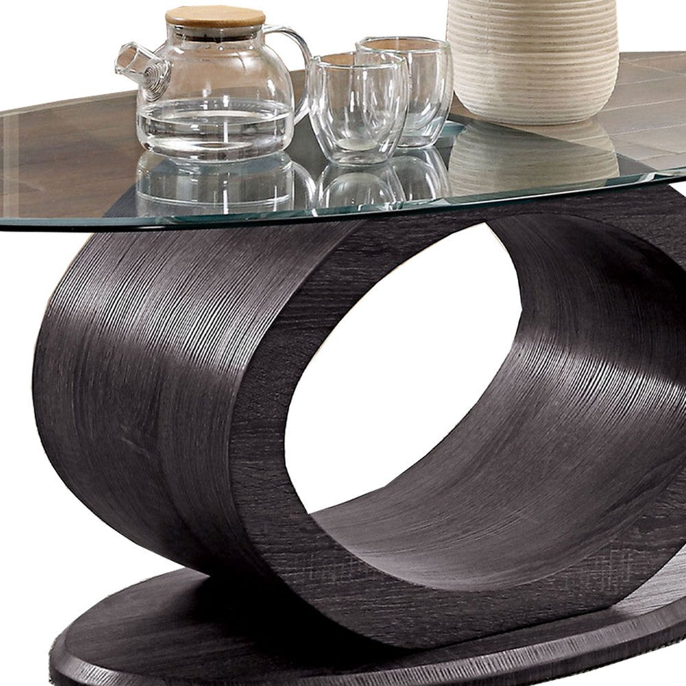 Tempered Glass Top Coffee Table with O Shape Wooden Shape Base Gray By Casagear Home BM207919