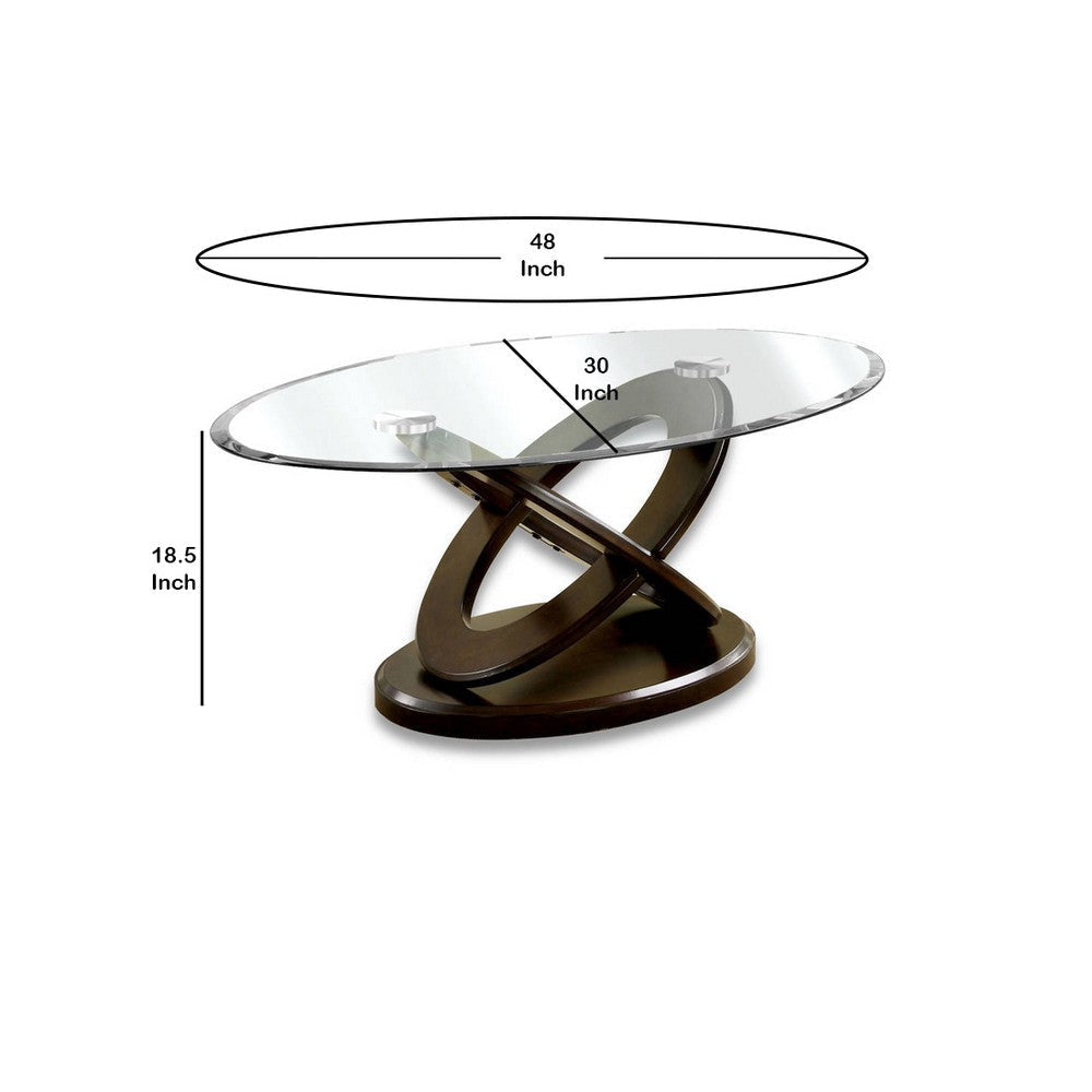 Oval Glass Top Coffee Table with Cross Oval Base Brown and Clear By Casagear Home BM207923