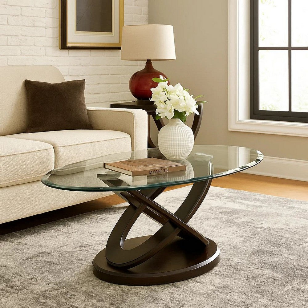Coffee Table | Cross Oval Base | 48" Oval Glass Top | Brown & Clear