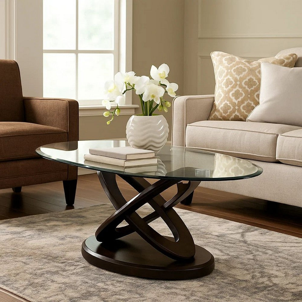 Coffee Table | Cross Oval Base | 48" Oval Glass Top | Brown & Clear