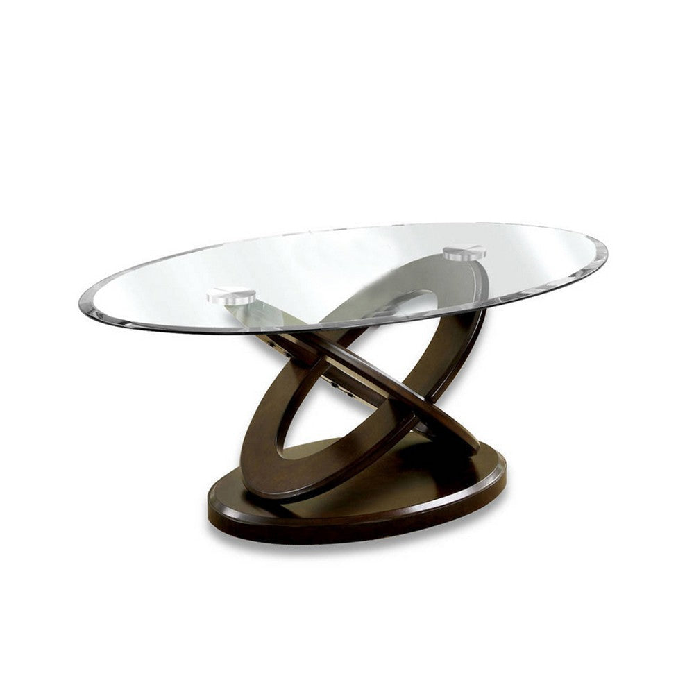 Coffee Table | Cross Oval Base | 48" Oval Glass Top | Brown & Clear