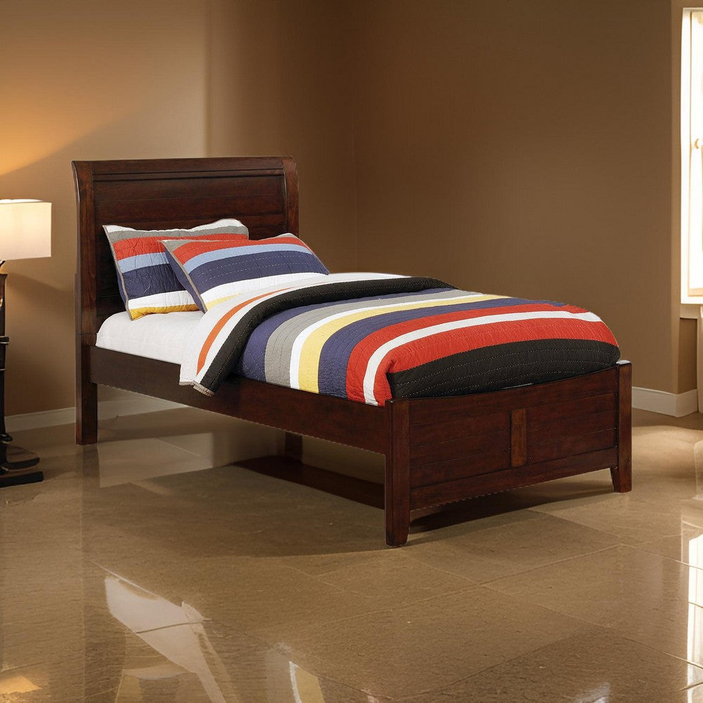 Transitional Sleigh Twin Bed with Plank Style Headboard Cherry Brown By Casagear Home BM207941