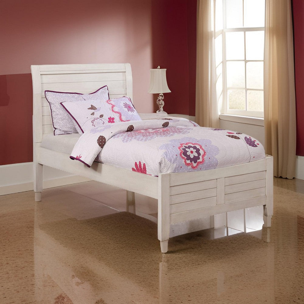 Transitional Sleigh Twin Bed with Plank Style Headboard Antique White By Casagear Home BM207942