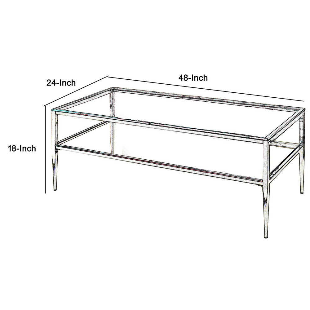 Coffee Table with Rectangular Glass Top and Tapered Legs Silver and Clear By Casagear Home BM207950