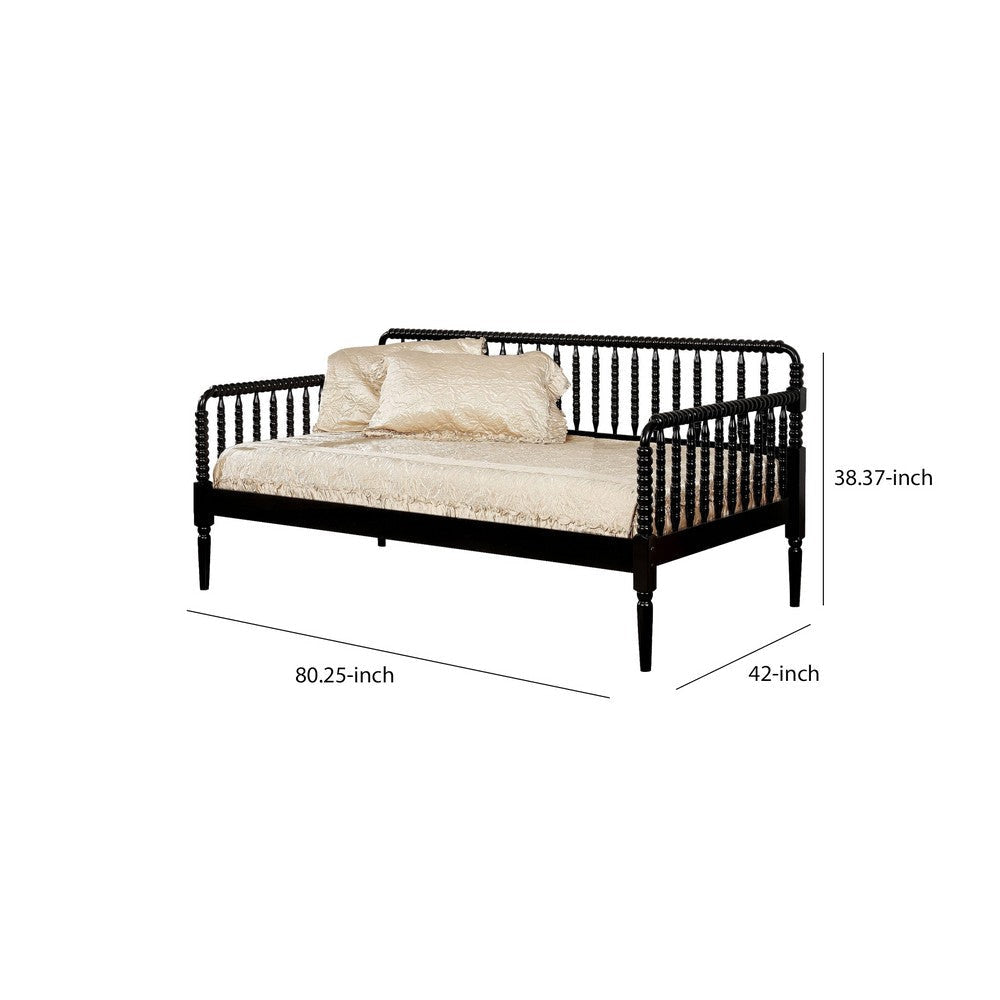 Wooden Twin Size Daybed with Spool Bed Frame and Railing Headboard Black By Casagear Home BM207957