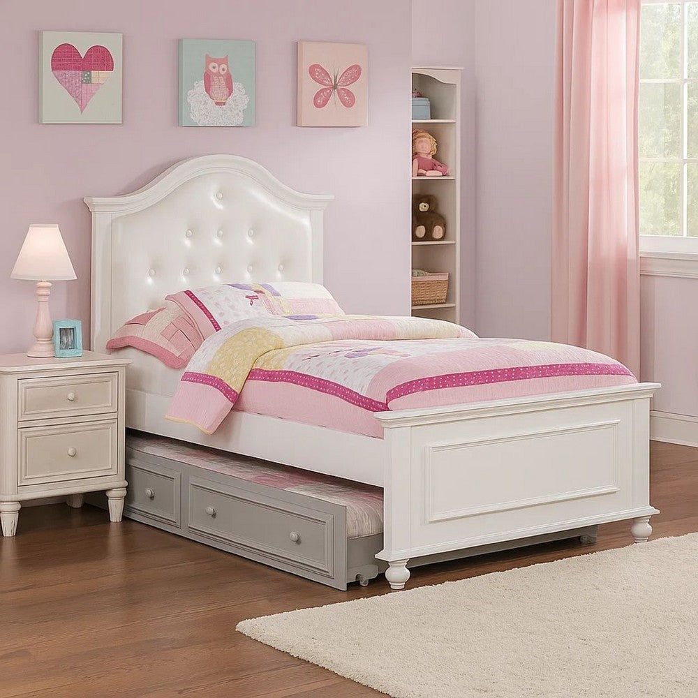 Wooden Twin Size Bed with Camelback Design Headboard and Turned Legs, White