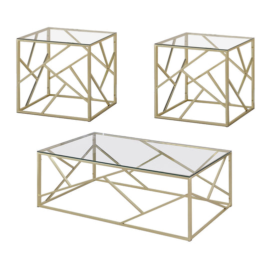 Industrial 3 Piece Table Set with Open Geometric Base, Clear and Gold By Casagear Home