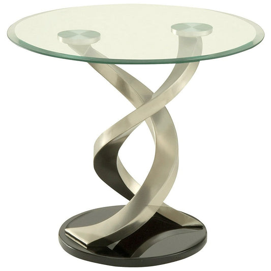 Modern Round Glass Top End Table with Twisted Metal Base, Silver and Black By Casagear Home