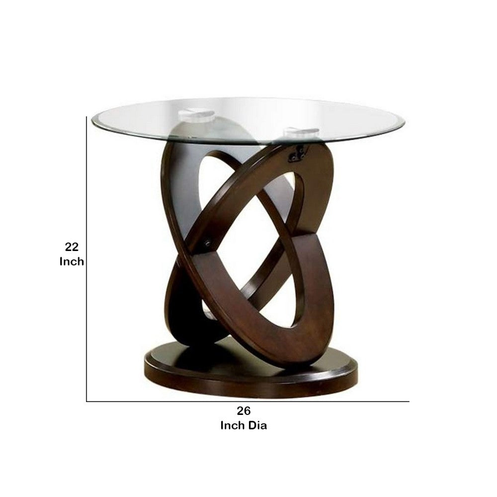 Cross Oval Base End Table with Round Glass Top, Brown and Clear
