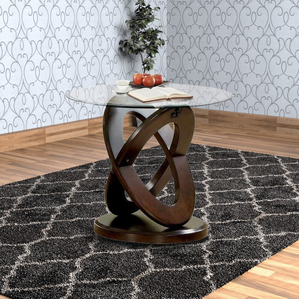 Cross Oval Base End Table with Round Glass Top, Brown and Clear