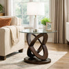 Cross Oval Base End Table with Round Glass Top, Brown and Clear