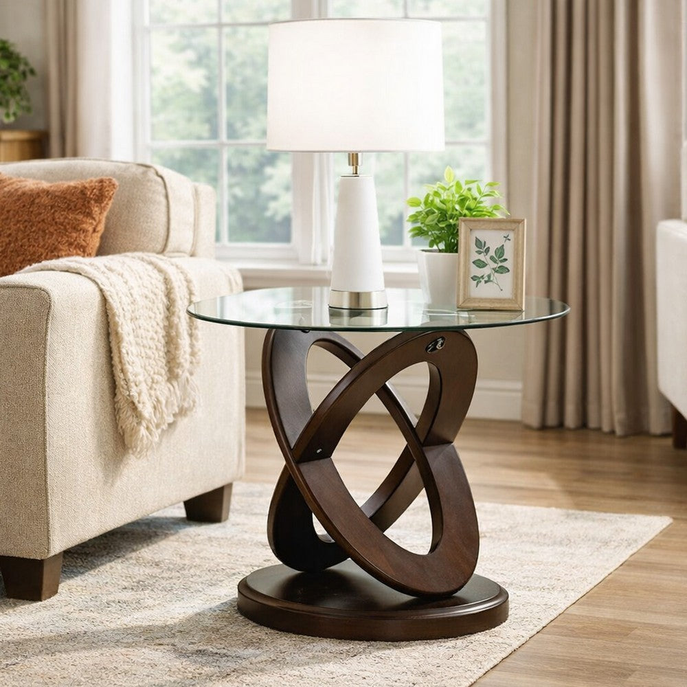 Cross Oval Base End Table with Round Glass Top, Brown and Clear