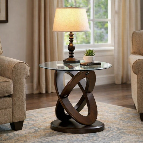 Cross Oval Base End Table with Round Glass Top, Brown and Clear