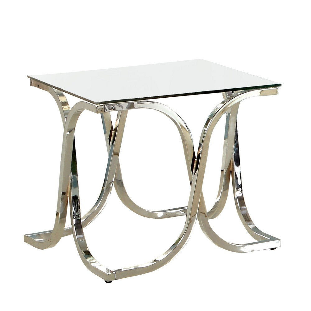 Modern End Table with Glass Top and Curved Chrome Legs, Silver and Clear