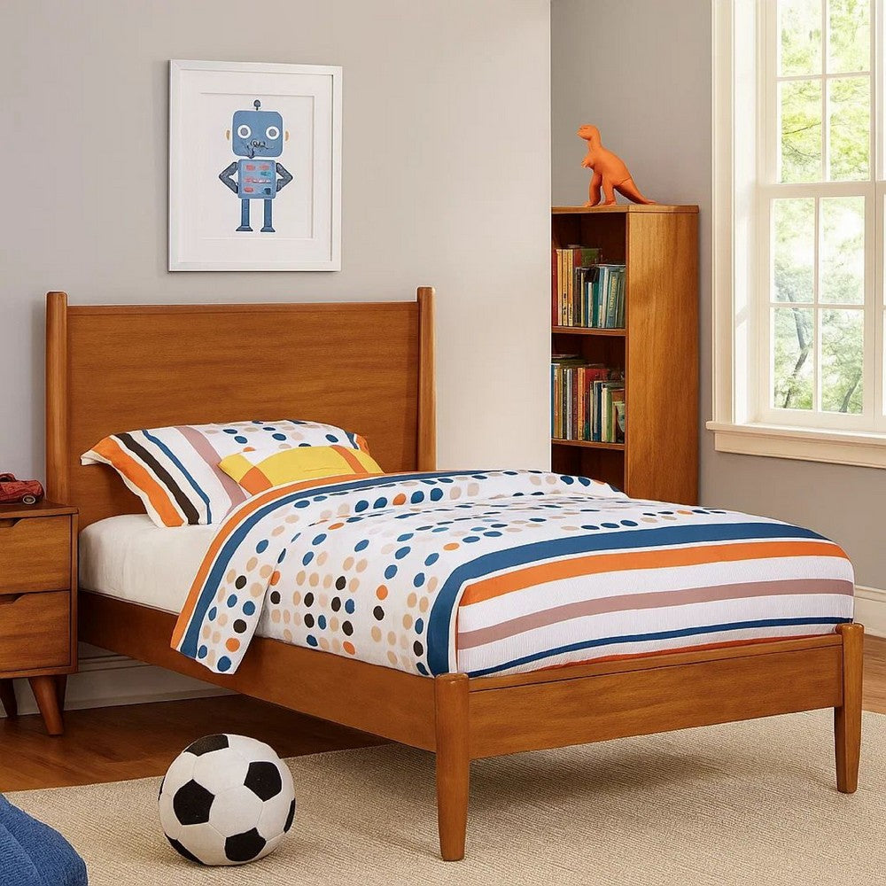 Wooden Transitional Twin Bed With Round Tapered Legs, Oak Brown