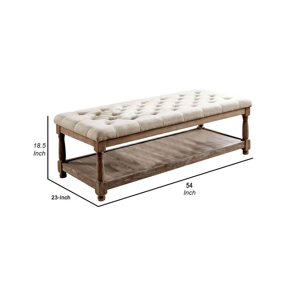 Bench | Button Tufted Seat | Bottom Shelf | 48" | Beige & Brown