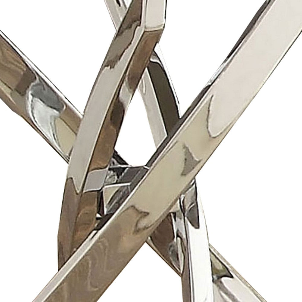 Round Glass Top End Table with Criss Cross Metal Base, Silver