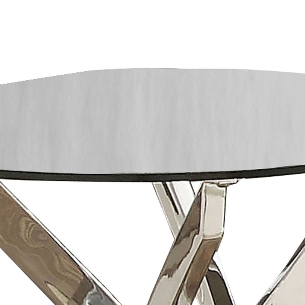 Round Glass Top End Table with Criss Cross Metal Base Silver By Casagear Home BM208060