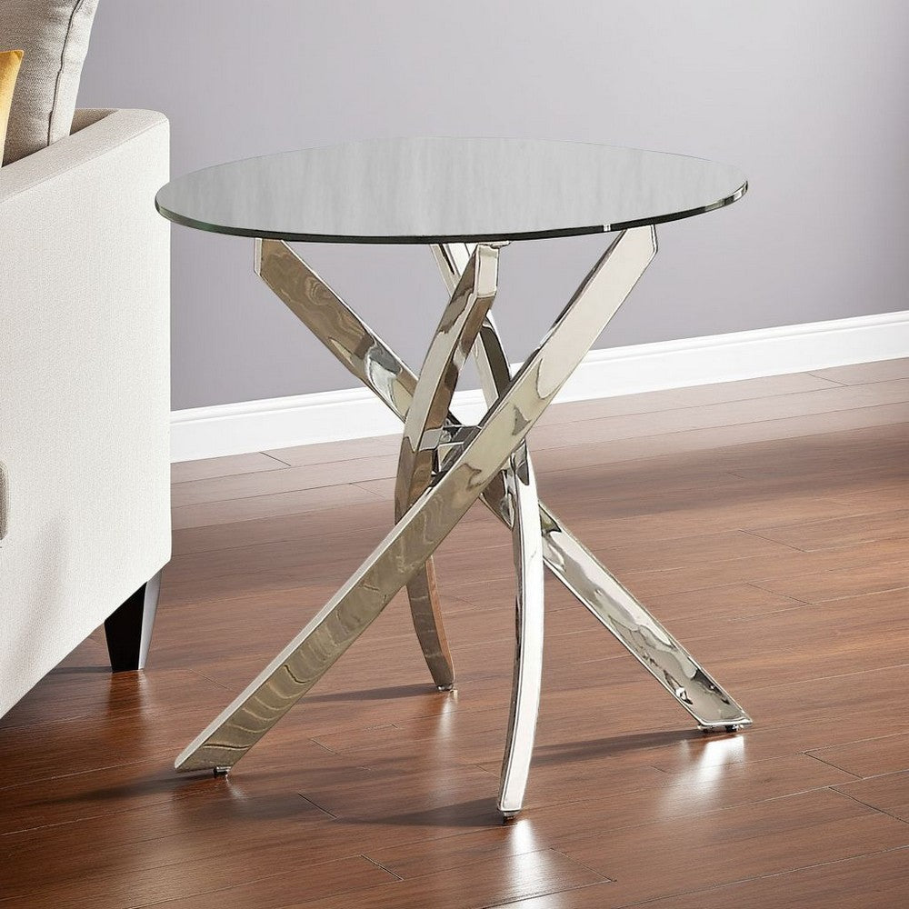 Round Glass Top End Table with Criss Cross Metal Base, Silver