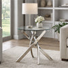 Round Glass Top End Table with Criss Cross Metal Base, Silver