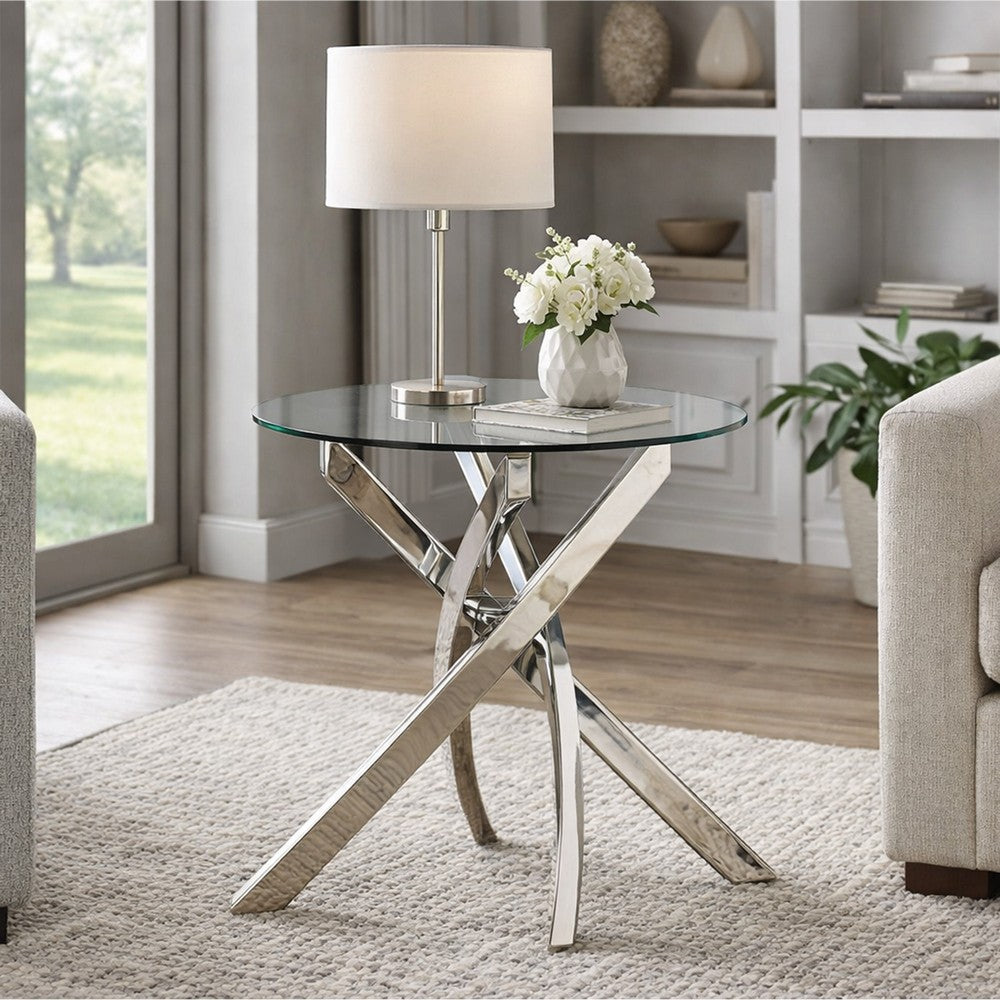 Round Glass Top End Table with Criss Cross Metal Base, Silver