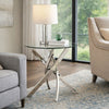 Round Glass Top End Table with Criss Cross Metal Base, Silver