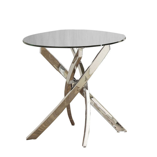 End Table | Round Glass Top | Criss Cross Metal Base | 22" | Silver