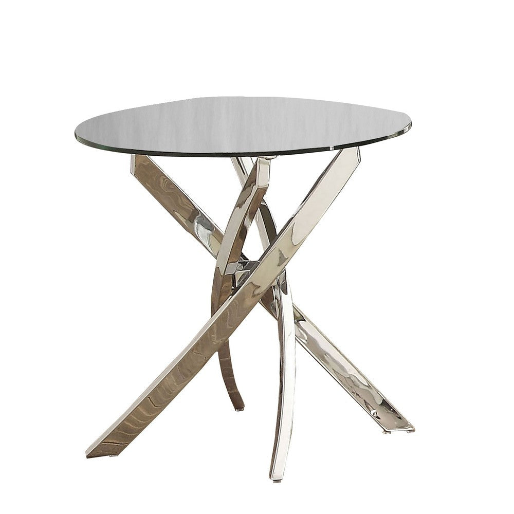 End Table | Round Glass Top | Criss Cross Metal Base | 22" | Silver