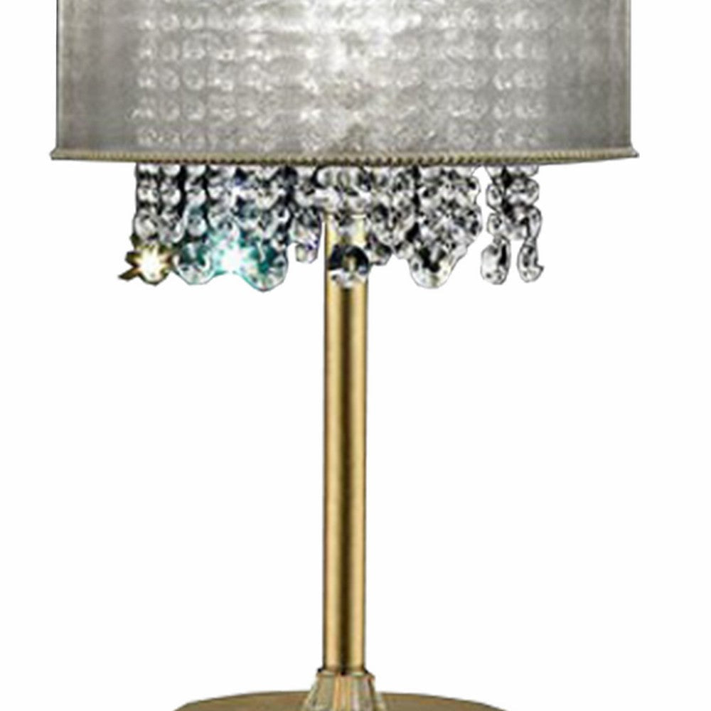 Table Lamp with Hanging Crystal Droplets and White Drum Shade Gold BM208061