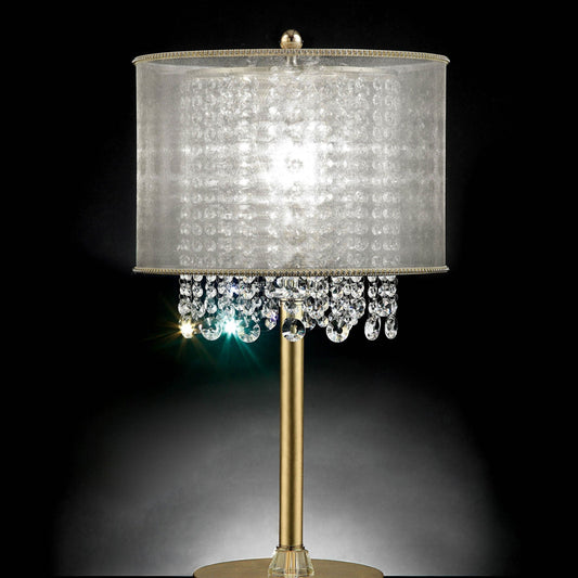 Table Lamp with Hanging Crystal Droplets and White Drum Shade, Gold
