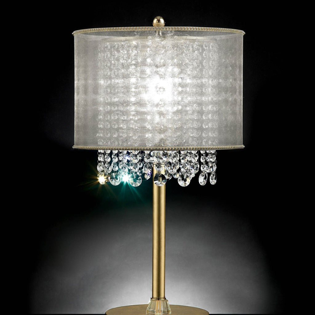 Table Lamp with Hanging Crystal Droplets and White Drum Shade, Gold