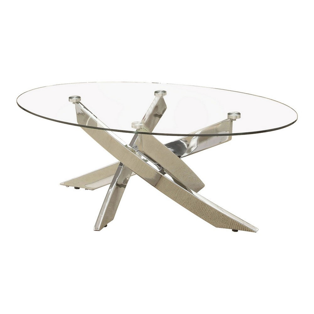 Oval Shape Glass Top Coffee Table with Criss Cross Base, Silver and Clear