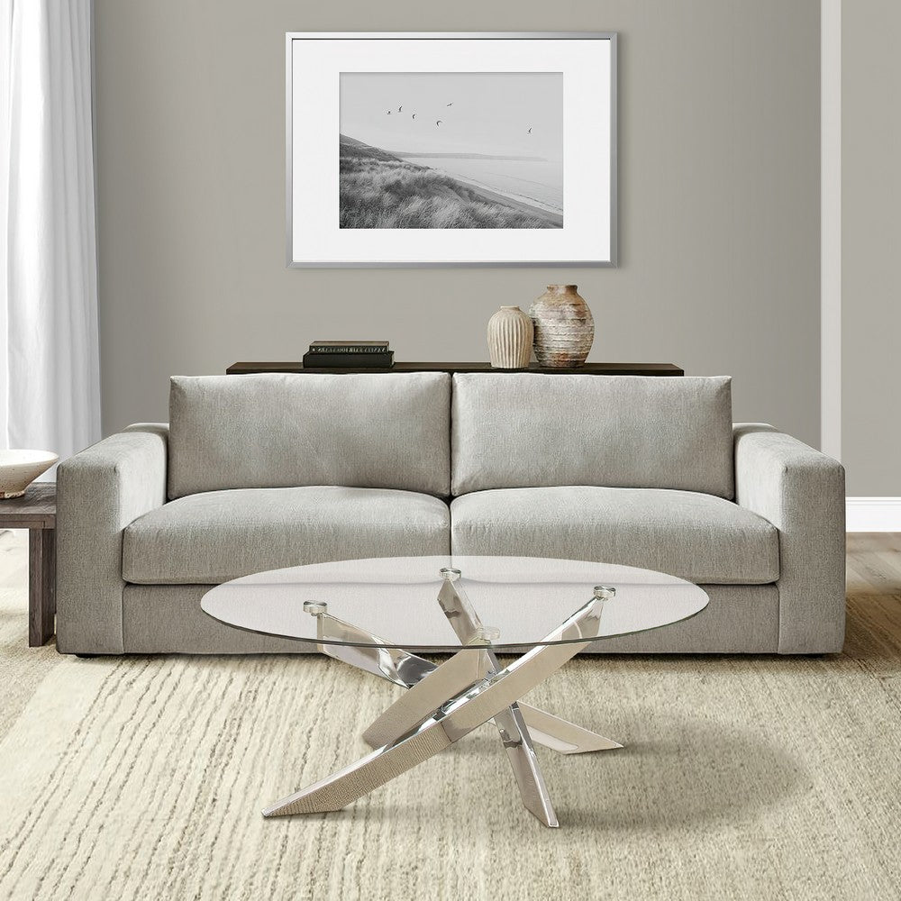 Oval Shape Glass Top Coffee Table with Criss Cross Base, Silver and Clear