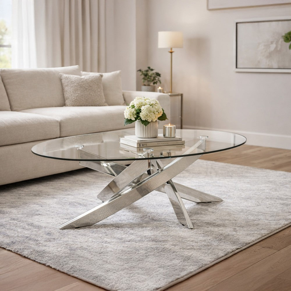 Oval Shape Glass Top Coffee Table with Criss Cross Base, Silver and Clear