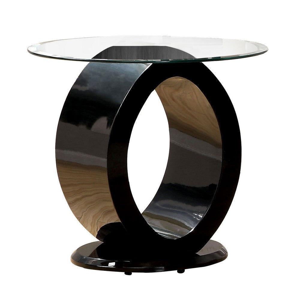 Contemporary Tempered Glass Top End Table with O Shape Base, Black By Casagear Home