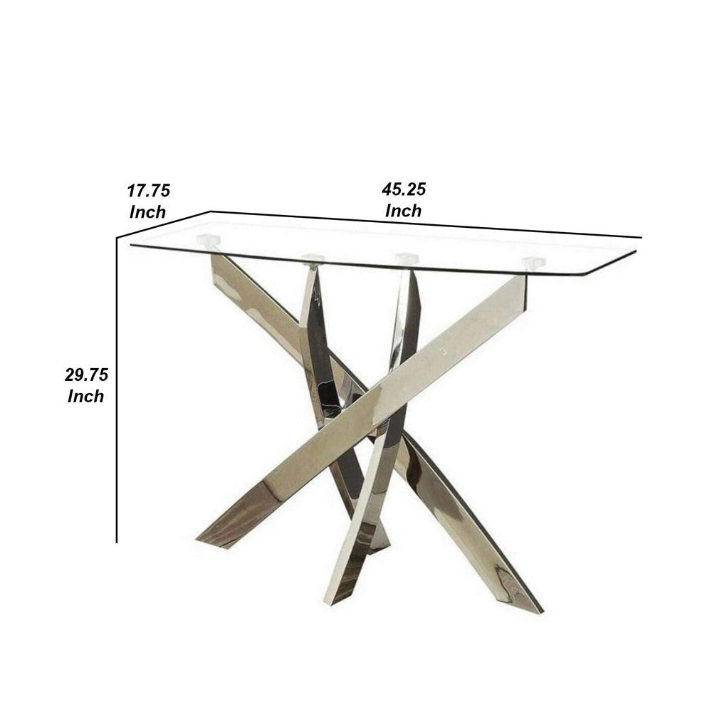 Rectangular Glass Top Sofa Table with Criss Cross Base Silver and Clear By Casagear Home BM208089