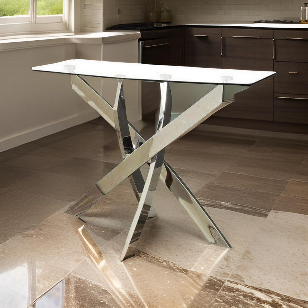 Sofa Table | Criss Cross Base | Rectangular Glass Top | 48" | Silver & Clear