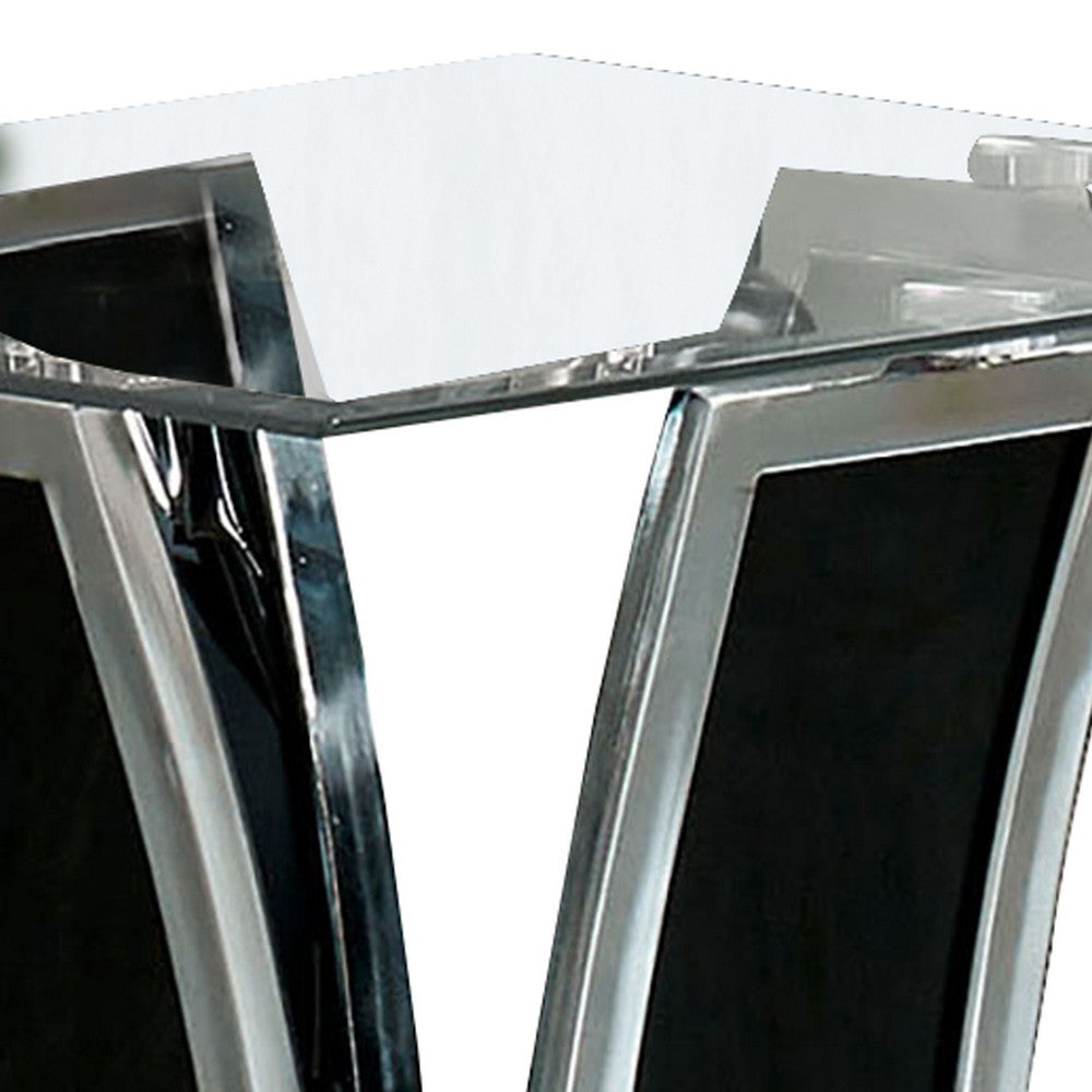 Chrome Trim Flared Base End Table with Glass Top Black and Silver By Casagear Home BM208097