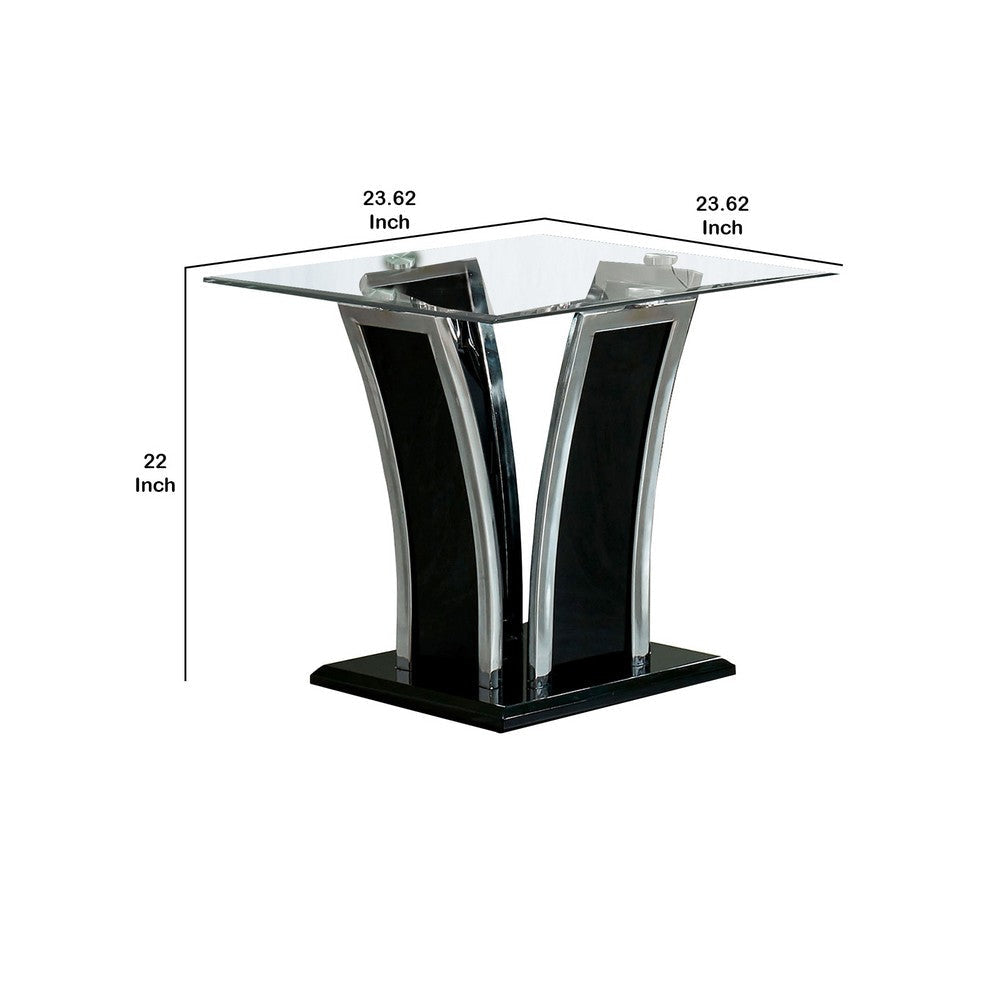 Chrome Trim Flared Base End Table with Glass Top Black and Silver By Casagear Home BM208097