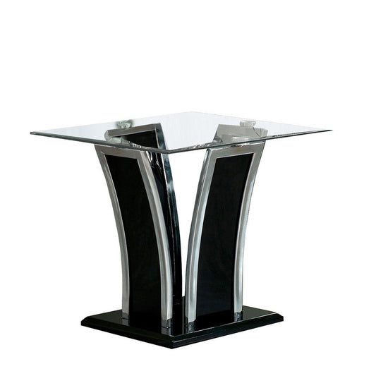 Chrome Trim Flared Base End Table with Glass Top, Black and Silver By Casagear Home