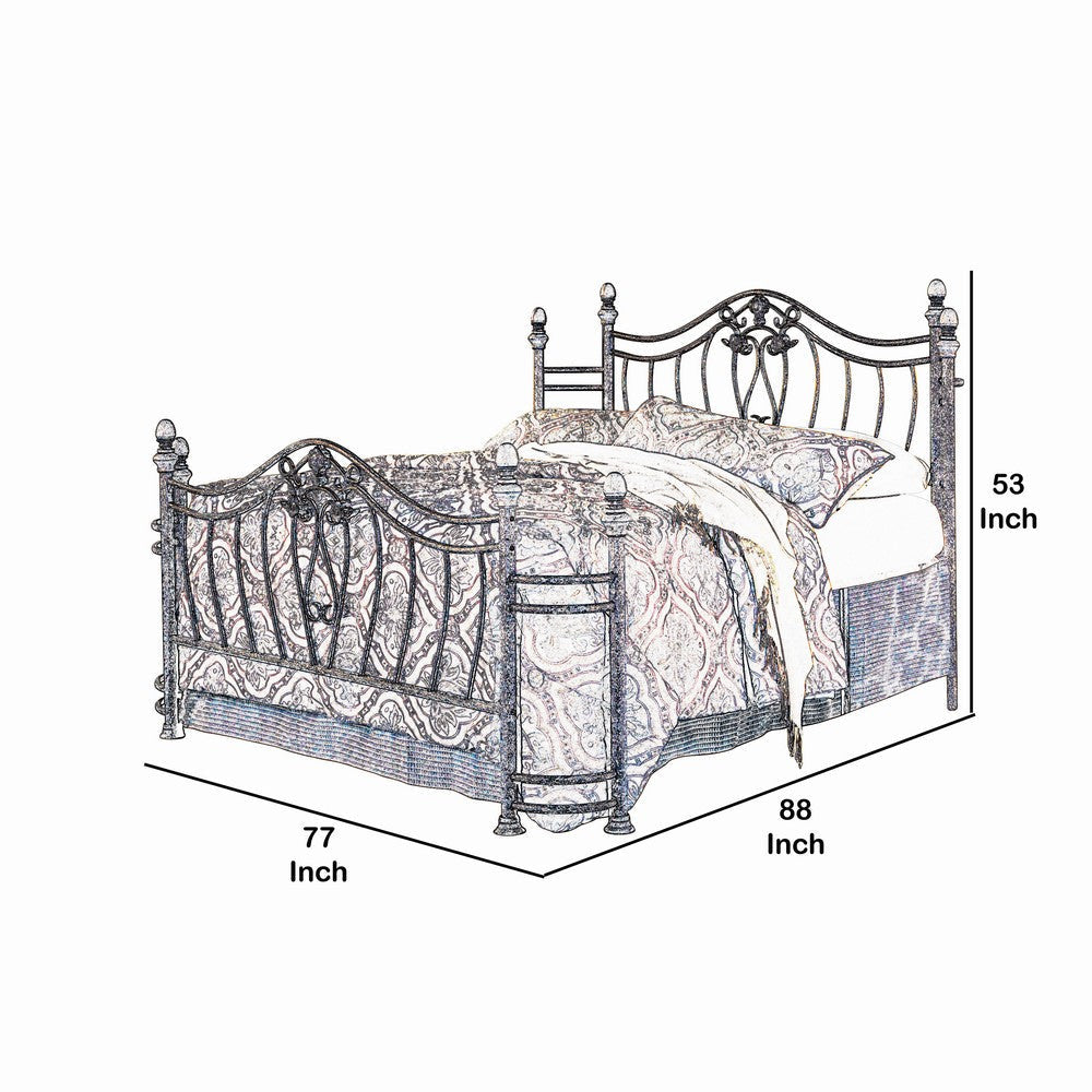 Metal Queen Headboard and Footboard with Swirling Floral Motifs Antique Gold By Casagear Home BM208148