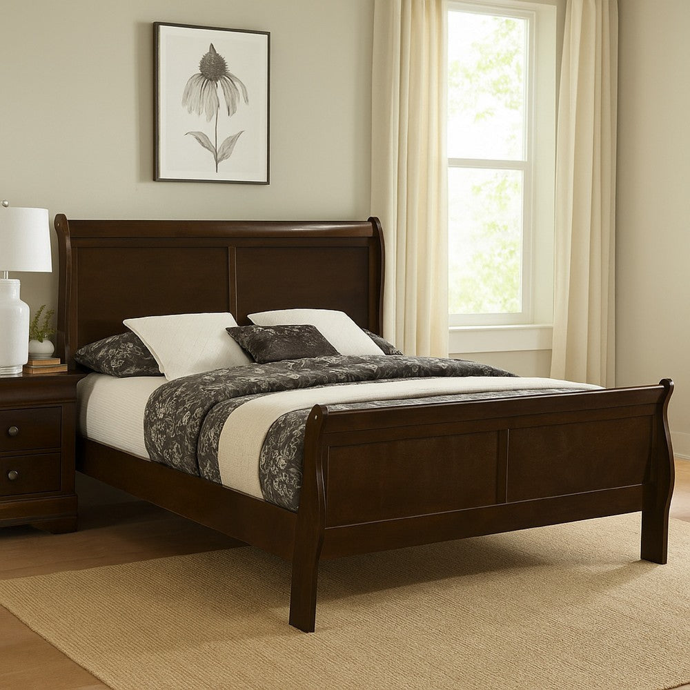 Wood Queen Bed | Traditional Style | Curved Headboard | Brown