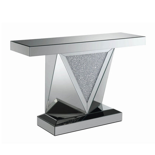 47 Inch Sofa Table, Mirrored, Triangular Encrusted Crystal Accents, Silver By Casagear Home