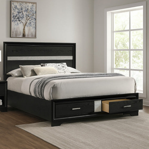 Wood Queen Bed | 2 Drawers | Glitter Stripe | Transitional | Black