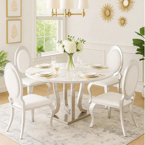 Metal Armless Dining Chair with Oval Padded Back, Set of 2, Silver and White