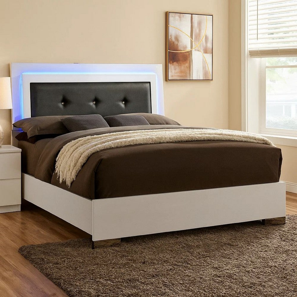 Contemporary Full Bed with LED Trim and Lacquer Coating, White and Gray